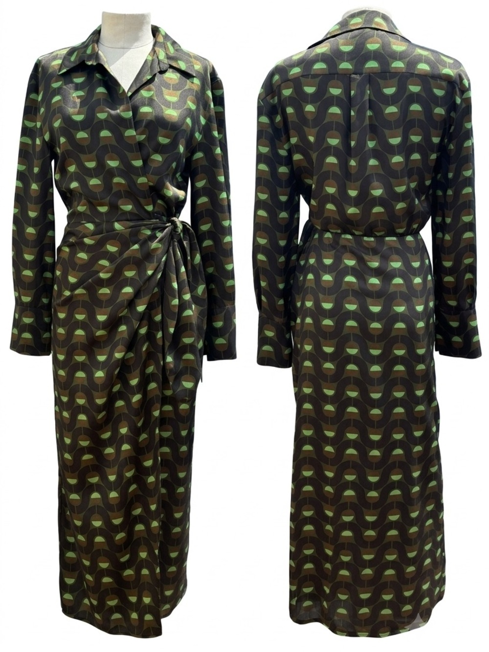 Zara Olive Green and Brown Geometric Wrap Midi Dress L